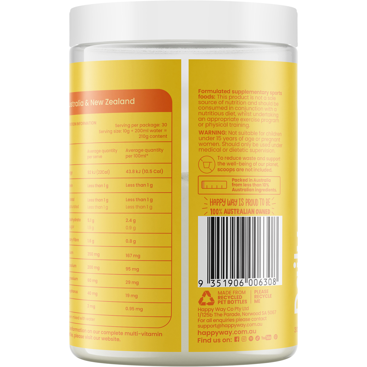 Back of Happy Way Tropical Hydration tub showing ingredients, nutritional facts, and directions on a yellow label.