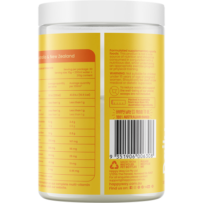 Back of Happy Way Tropical Hydration tub showing ingredients, nutritional facts, and directions on a yellow label.