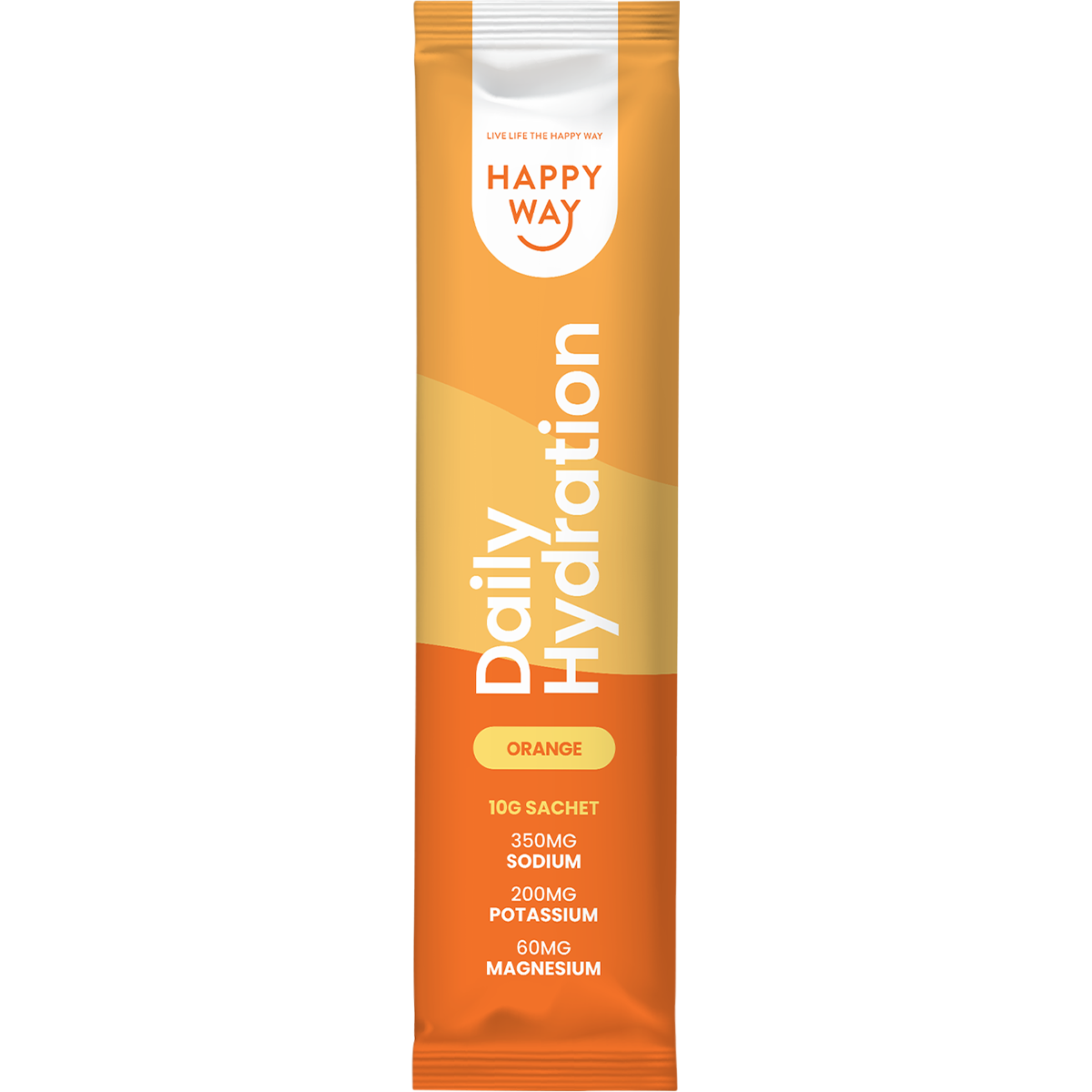 Orange and white box and sachet of Happy Way Daily Hydration Orange with a glass of orange liquid and citrus slices.