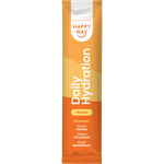 Orange and white box and sachet of Happy Way Daily Hydration Orange with a glass of orange liquid and citrus slices.