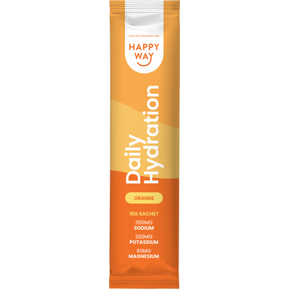 Orange and white box and sachet of Happy Way Daily Hydration Orange with a glass of orange liquid and citrus slices.