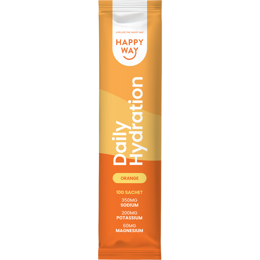 Orange and white box and sachet of Happy Way Daily Hydration Orange with a glass of orange liquid and citrus slices.