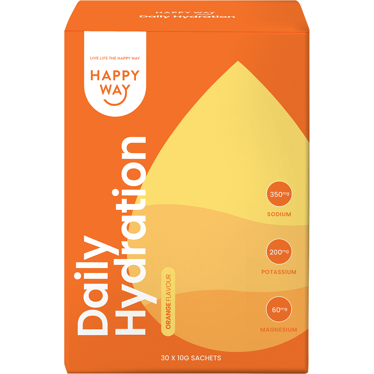 Front of an orange and white box for Happy Way Daily Hydration Orange featuring 30 individual sachets.