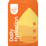 Front of an orange and white box for Happy Way Daily Hydration Orange featuring 30 individual sachets.