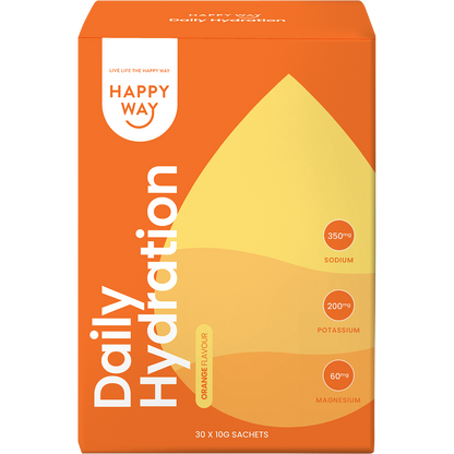 Front of an orange and white box for Happy Way Daily Hydration Orange featuring 30 individual sachets.