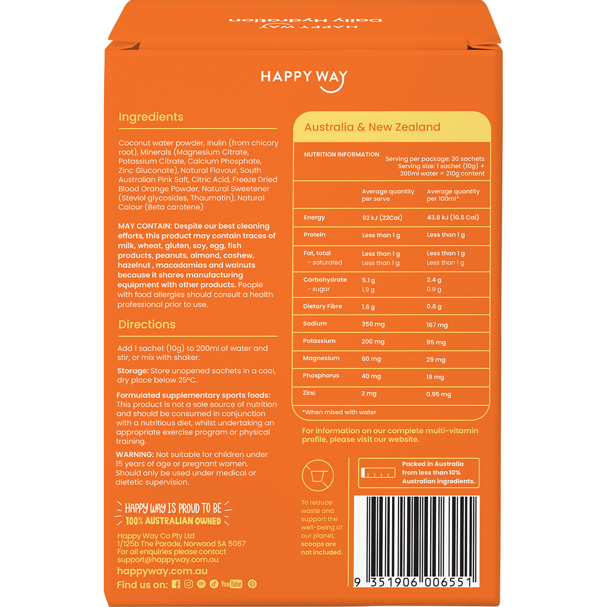 Back of Happy Way Daily Hydration Orange box showing nutritional facts, ingredients, and directions for use.