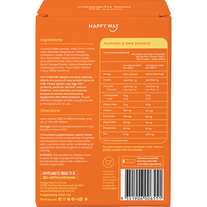 Back of Happy Way Daily Hydration Orange box showing nutritional facts, ingredients, and directions for use.