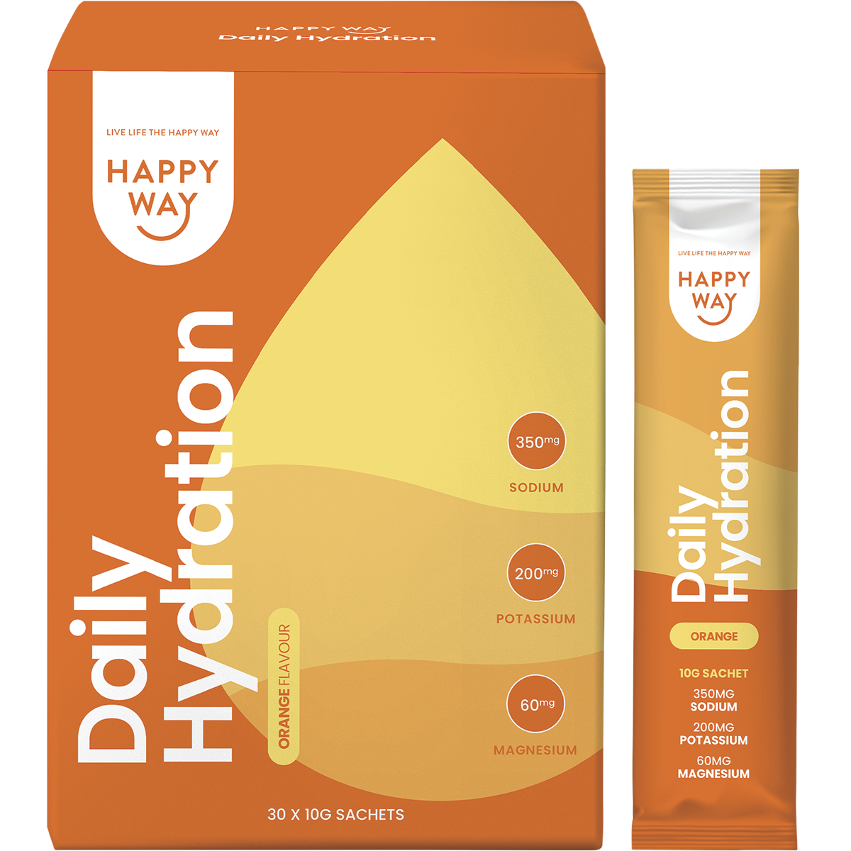 Happy Way Orange Hydration box, sachet, and a glass of orange drink with citrus slices on a white background.