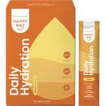 Happy Way Orange Hydration box, sachet, and a glass of orange drink with citrus slices on a white background.