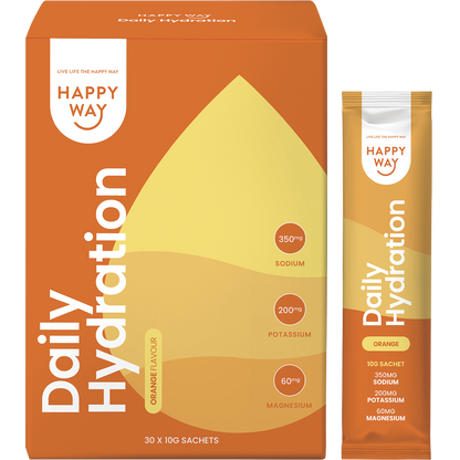 Happy Way Orange Hydration box, sachet, and a glass of orange drink with citrus slices on a white background.