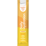 Yellow box of Happy Way Daily Hydration Tropical sachets featuring a vibrant mango and coconut design.