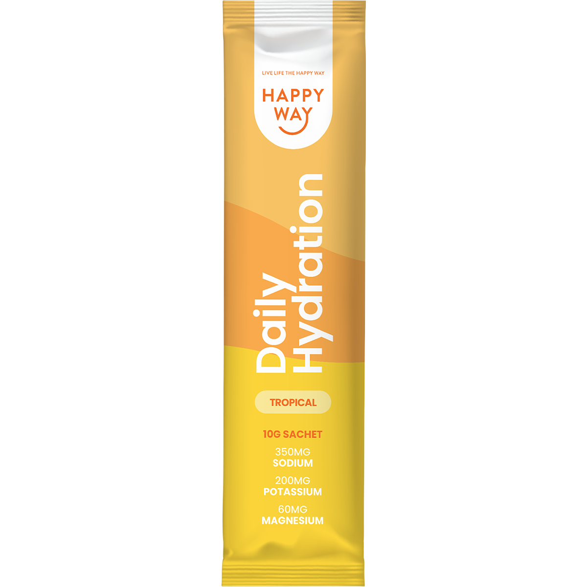 Yellow box of Happy Way Daily Hydration Tropical sachets featuring a vibrant mango and coconut design.