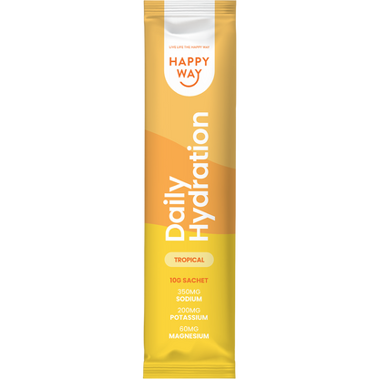 Yellow box of Happy Way Daily Hydration Tropical sachets featuring a vibrant mango and coconut design.