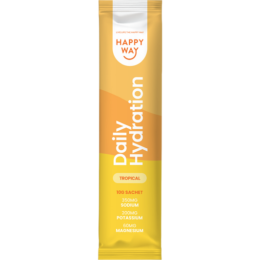 Yellow box of Happy Way Daily Hydration Tropical sachets featuring a vibrant mango and coconut design.