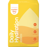 Yellow box of Happy Way Daily Hydration Tropical sachets with mango and coconut illustrations on a white background.