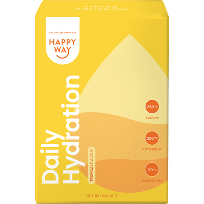 Yellow box of Happy Way Daily Hydration Tropical sachets with mango and coconut illustrations on a white background.