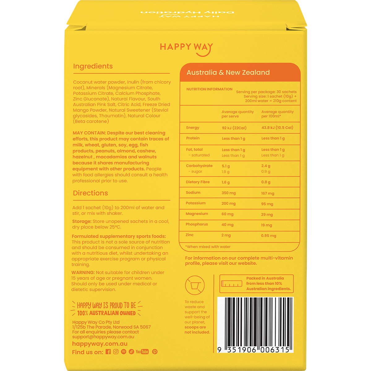 Back of Happy Way Tropical Hydration box showing ingredients, nutritional facts, and 30 individual 10g sachets.