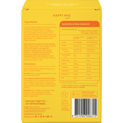 Back of Happy Way Tropical Hydration box showing ingredients, nutritional facts, and 30 individual 10g sachets.
