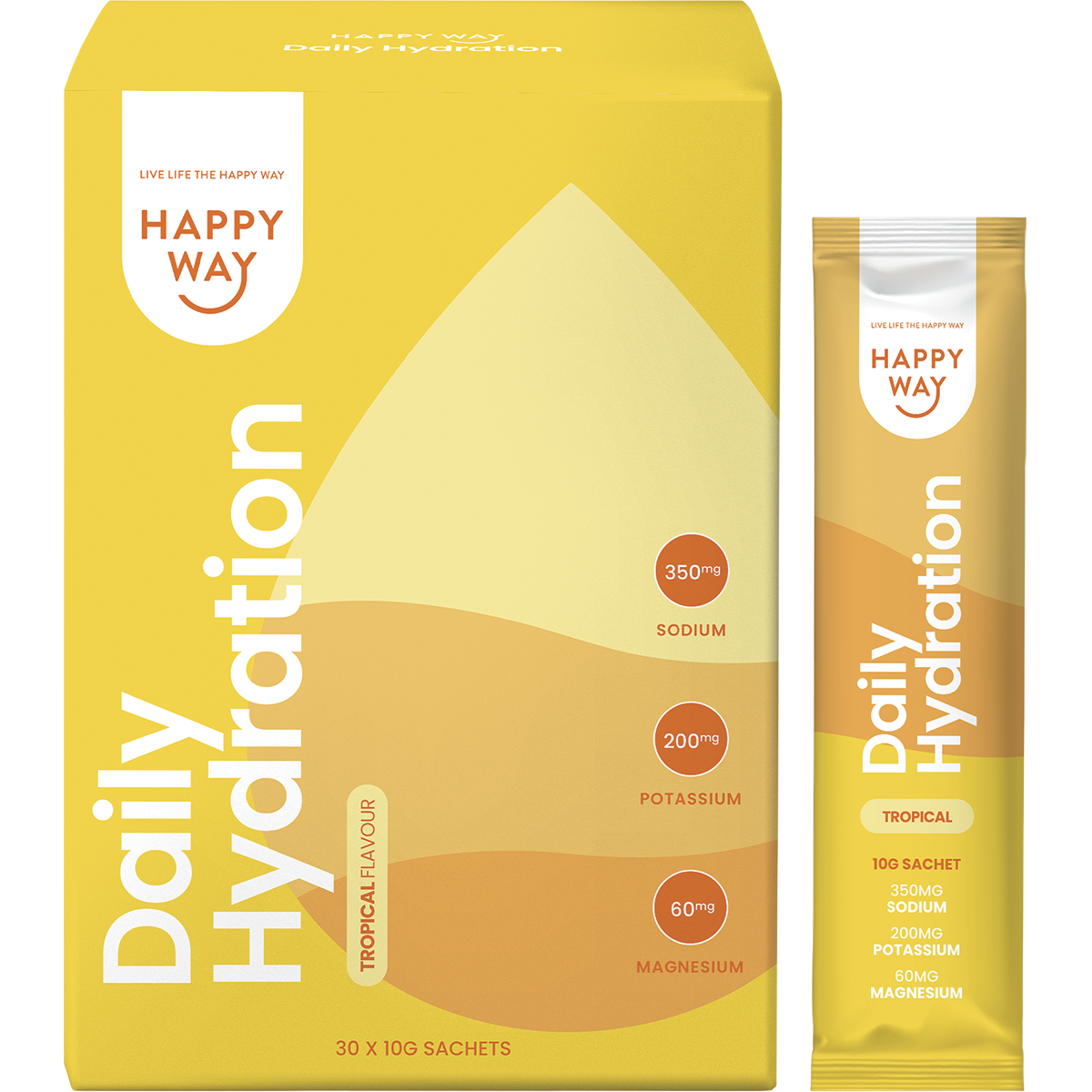 Happy Way Tropical Hydration box with a single sachet, a glass of yellow liquid, and fresh mango and coconut.