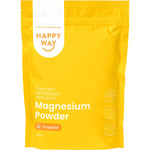 Happy Way Magnesium Powder Tropical 315g tub with tropical fruit illustrations on a white background.