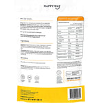 Back of Happy Way Tropical Magnesium Powder tub showing nutritional information and directions on a white background.