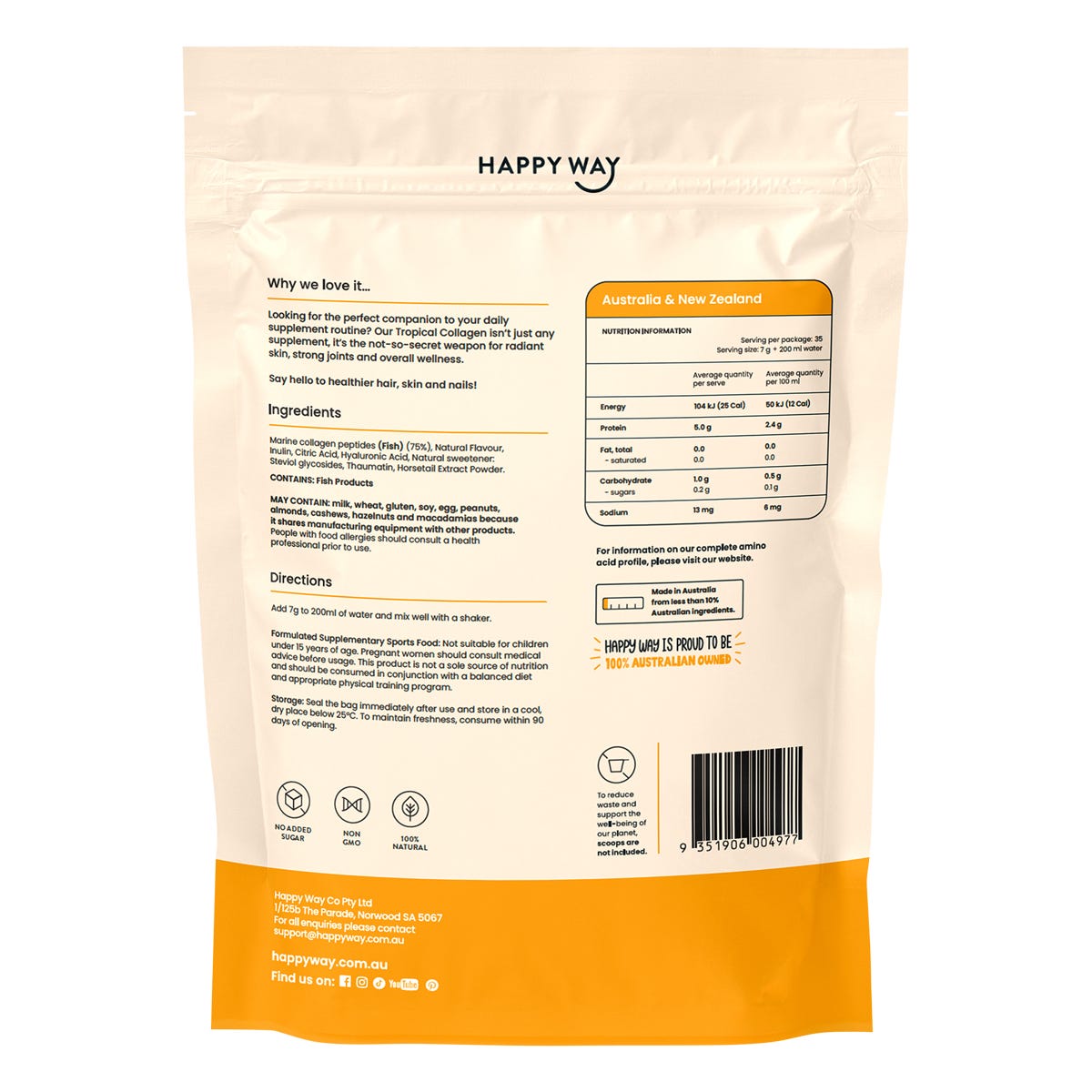 Back of Happy Way Tropical Marine Collagen 250g tub with nutritional info, ingredients, and directions for use.