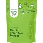 100g pouch of Happy Way Matcha Green Tea Powder with authentic Japanese green tea and botanical illustrations.