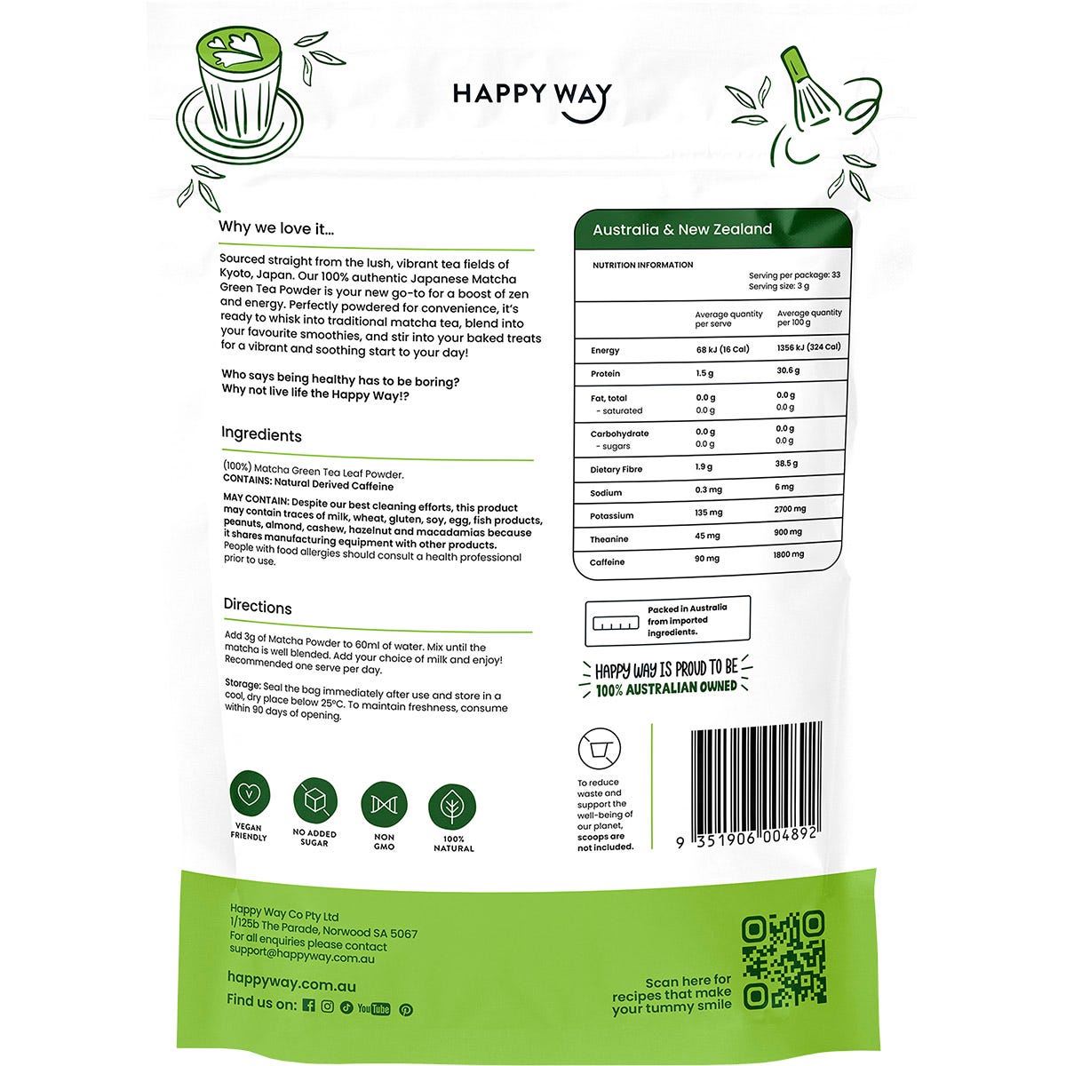 Back of Happy Way Matcha Green Tea Powder 100g pouch featuring ingredients, nutritional info, and directions.