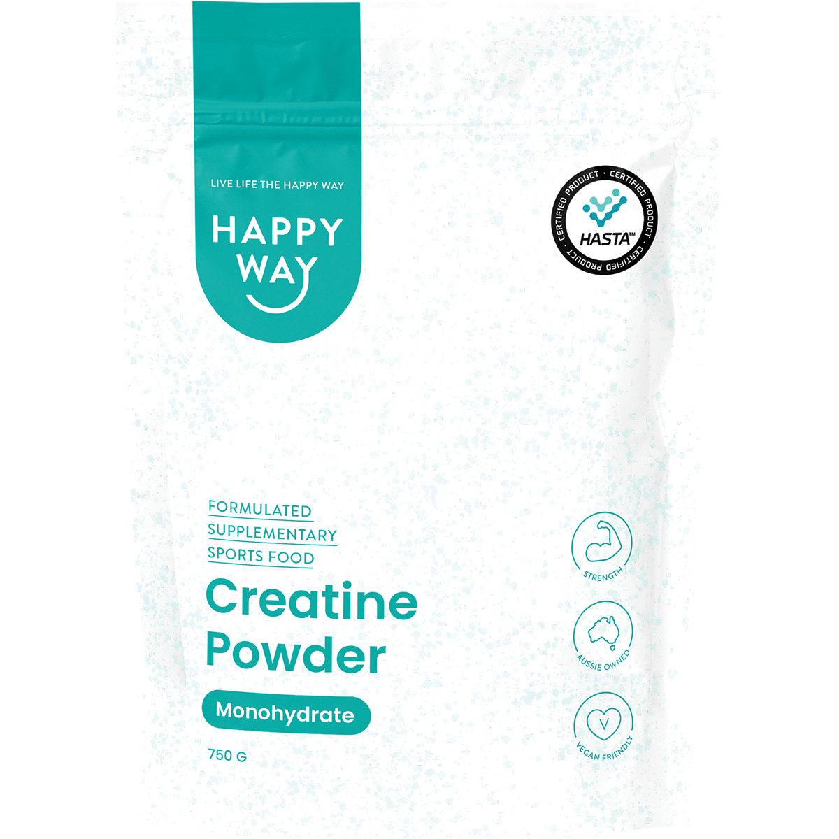 Happy Way 750g Creatine Powder Monohydrate tub in a black and white design on a white background.
