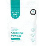 Happy Way 750g Creatine Powder Monohydrate tub in a black and white design on a white background.