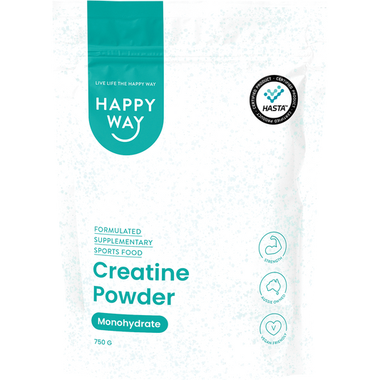 Happy Way 750g Creatine Powder Monohydrate tub in a black and white design on a white background.