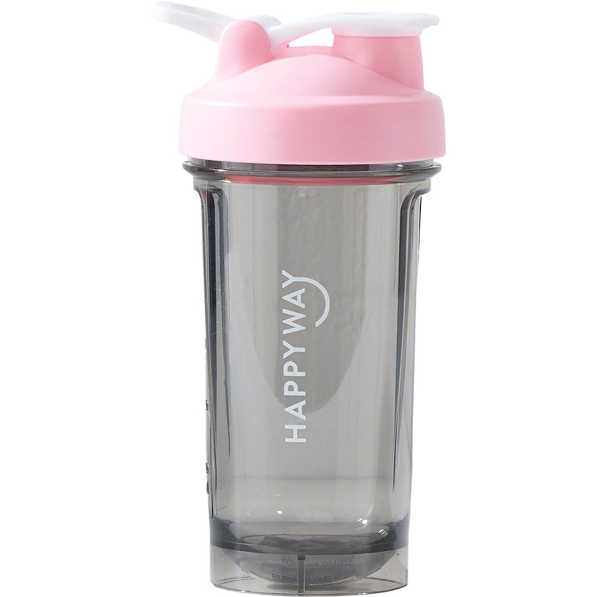 Pink 500ml Happy Way protein shaker with a mixer wheel, clear measurements, and a secure screw-on lid.