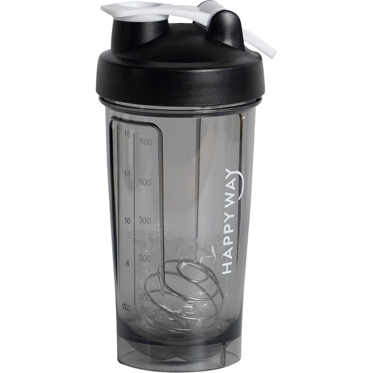 Black 500ml Happy Way protein shaker bottle with a transparent body, black lid, and internal mixer wheel.