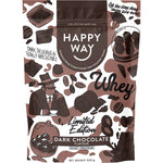 500g bag of Happy Way Dark Chocolate Whey Protein Powder featuring a black and white illustrated label.
