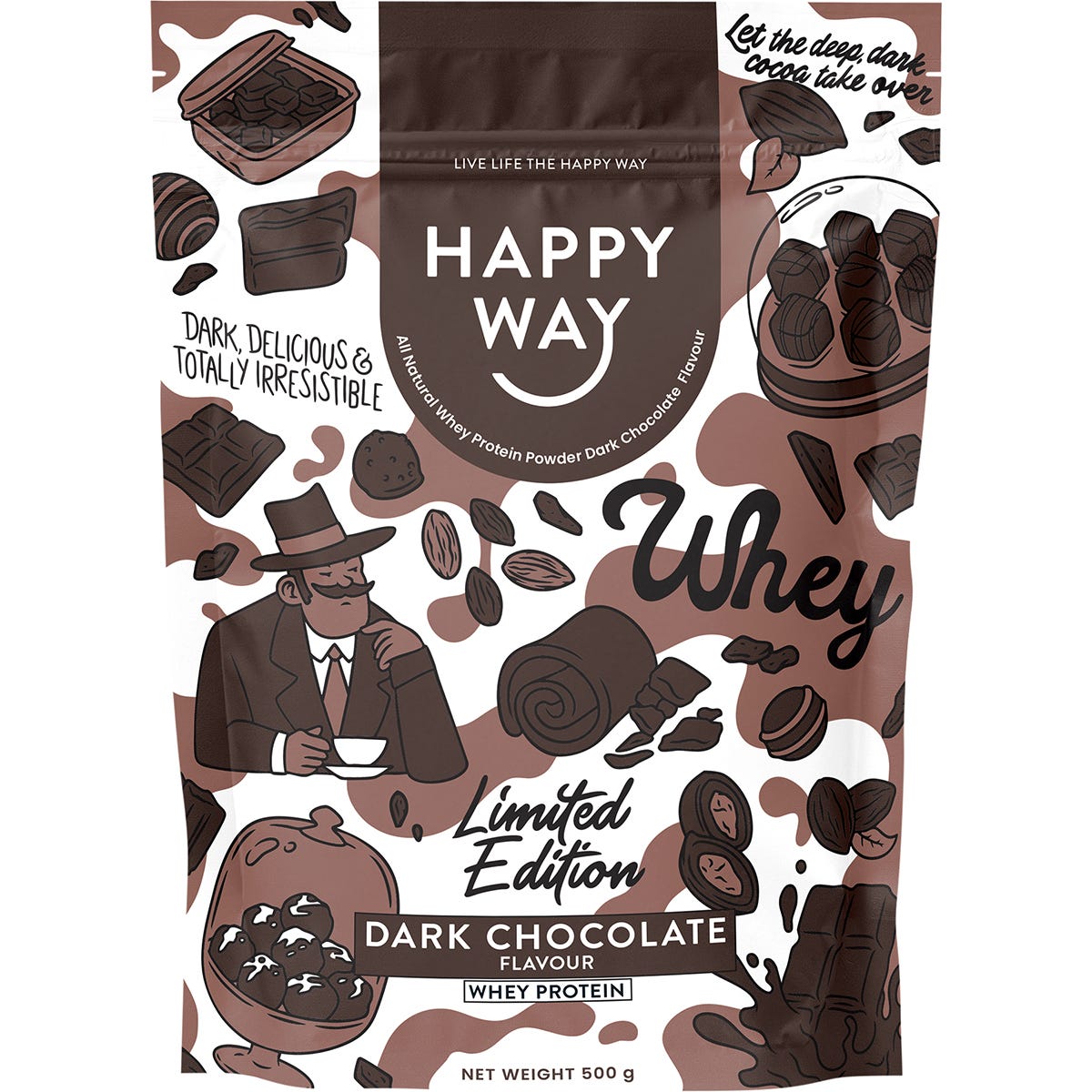 500g bag of Happy Way Dark Chocolate Whey Protein Powder featuring a black and white illustrated label.