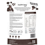 Back of a 500g Happy Way Dark Chocolate Whey Protein bag with nutritional facts and ingredients.