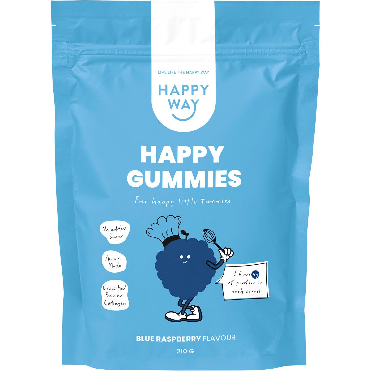 Blue Raspberry Happy Gummies Mix 210g bag by Happy Way featuring a protein-collagen blend and a blue dinosaur illustration.