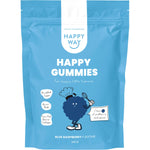 Blue Raspberry Happy Gummies Mix 210g bag by Happy Way featuring a protein-collagen blend and a blue dinosaur illustration.