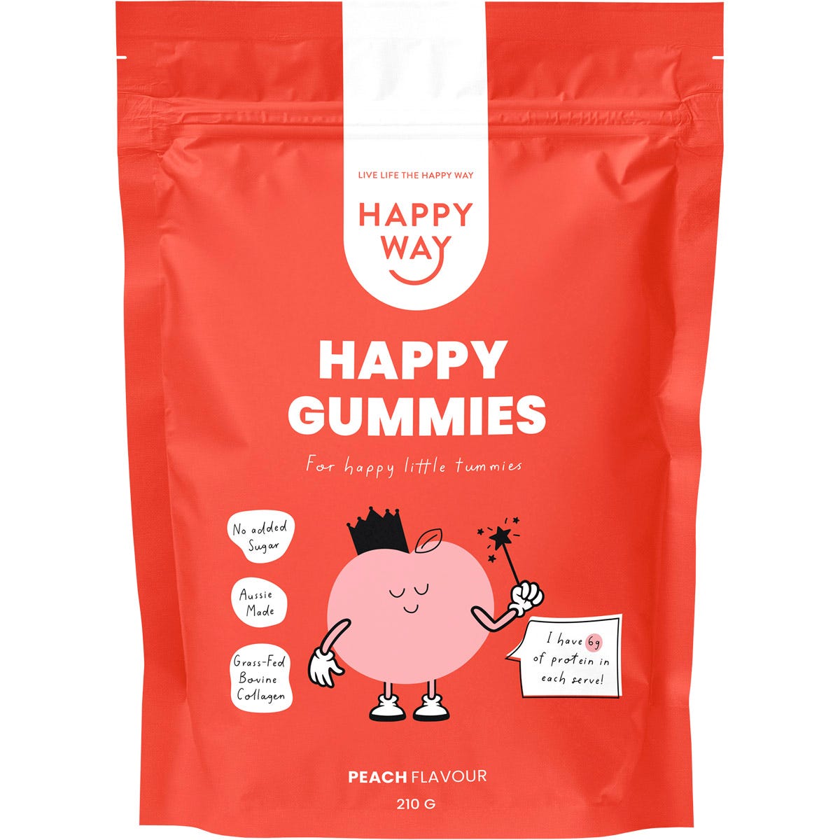 210g bag of Happy Way Peach Happy Gummies Mix with a protein-collagen blend on a white background.