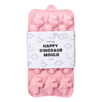 Three purple, green, and blue dinosaur-shaped silicone moulds for making healthy snacks and treats.