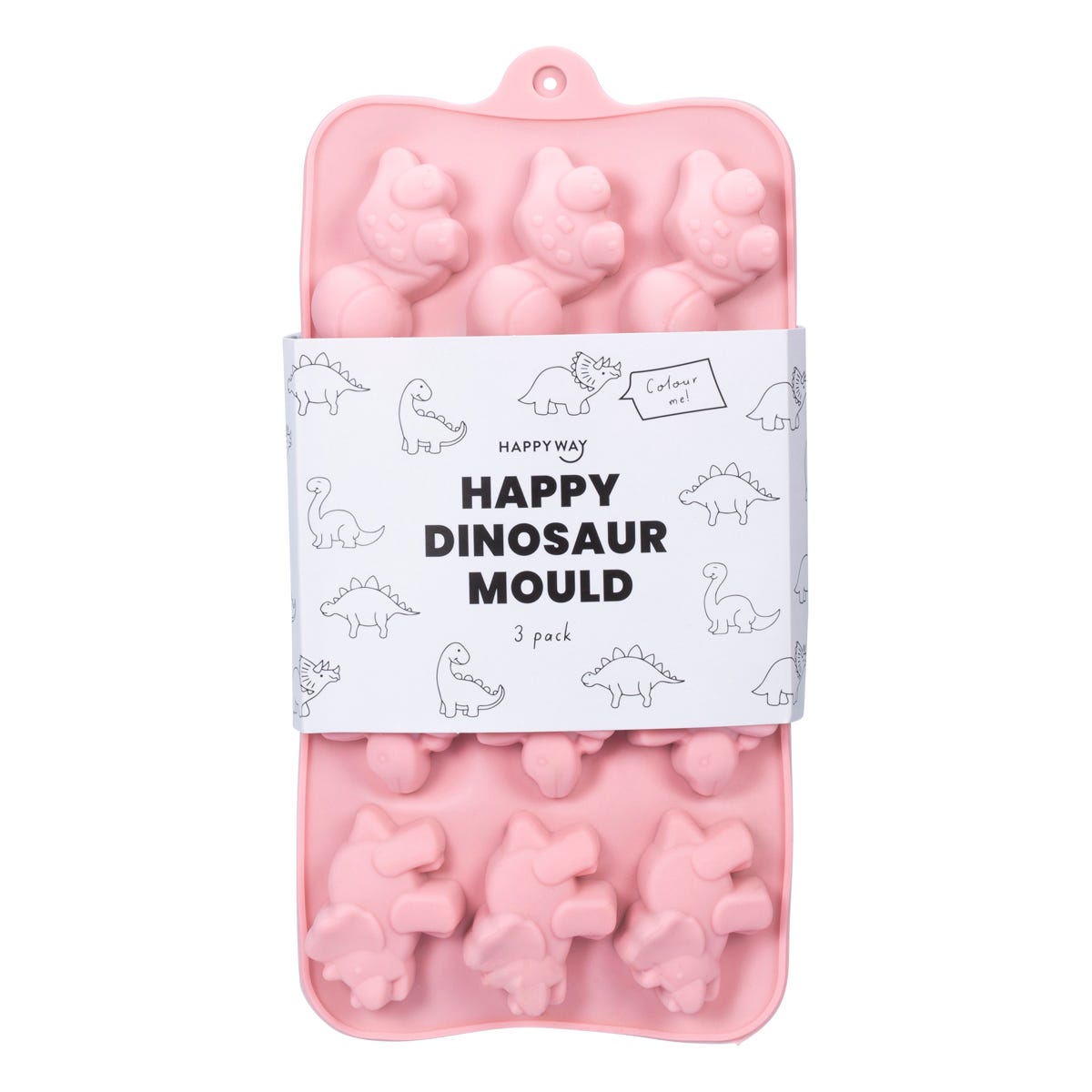 Three purple, green, and blue dinosaur-shaped silicone moulds for making healthy snacks and treats.