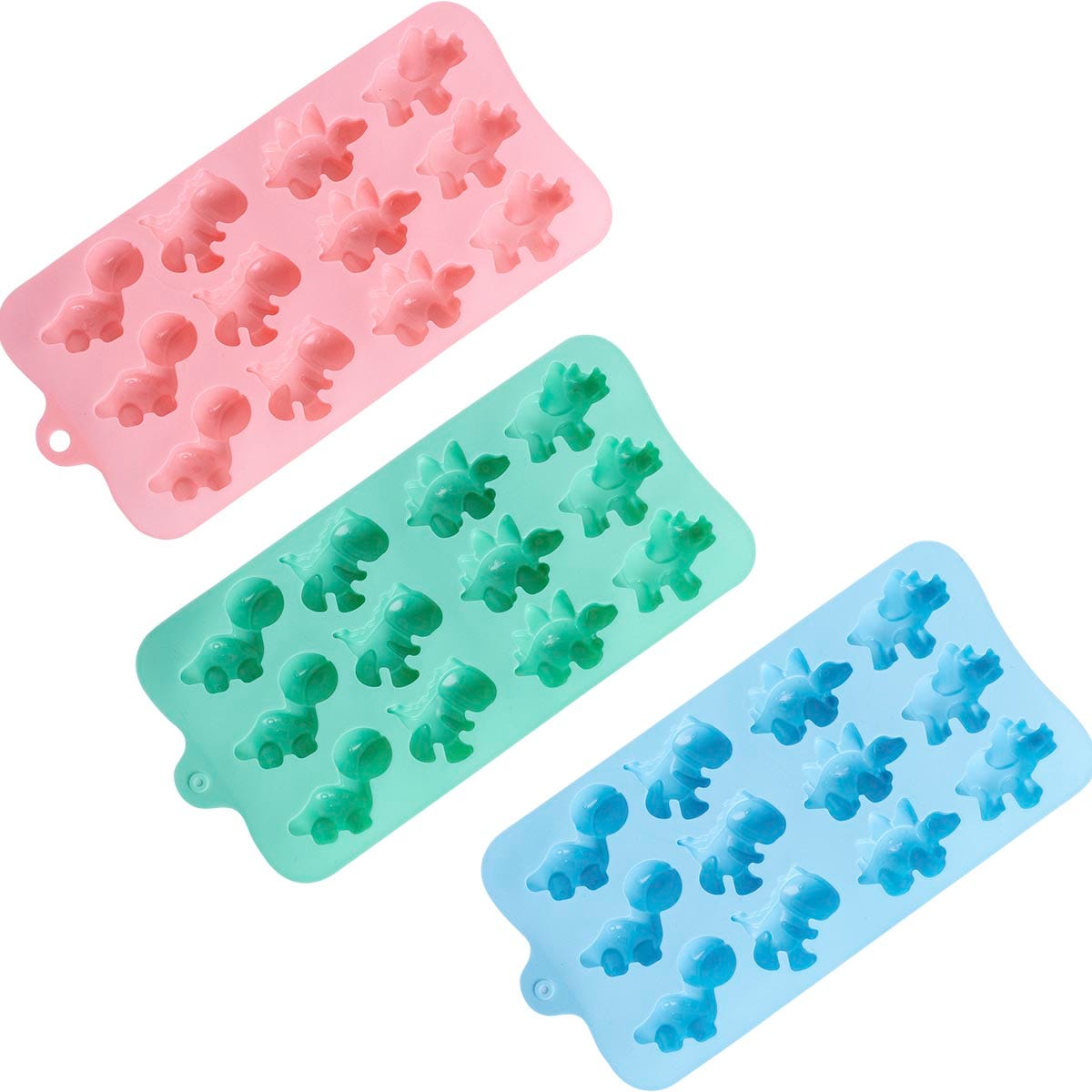 A set of three colorful dinosaur-shaped silicone snack moulds in purple, green, and blue.