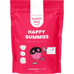 210g tub of Happy Way Happy Gummies Strawberry flavor, a protein-collagen blend for making healthy treats.