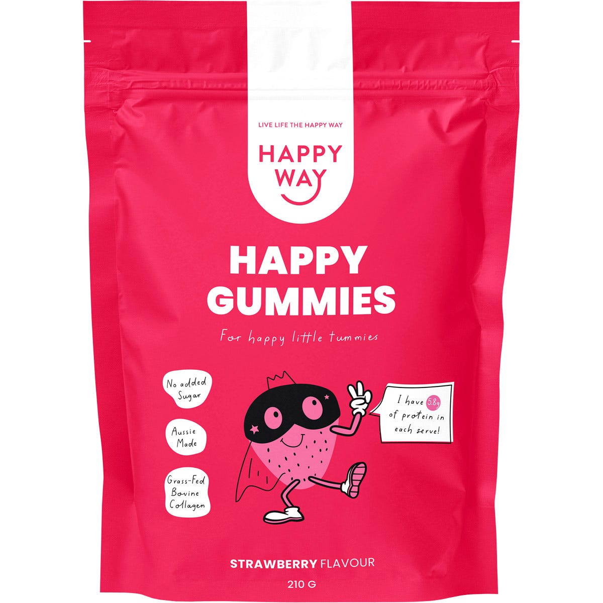 210g tub of Happy Way Happy Gummies Strawberry flavor, a protein-collagen blend for making healthy treats.