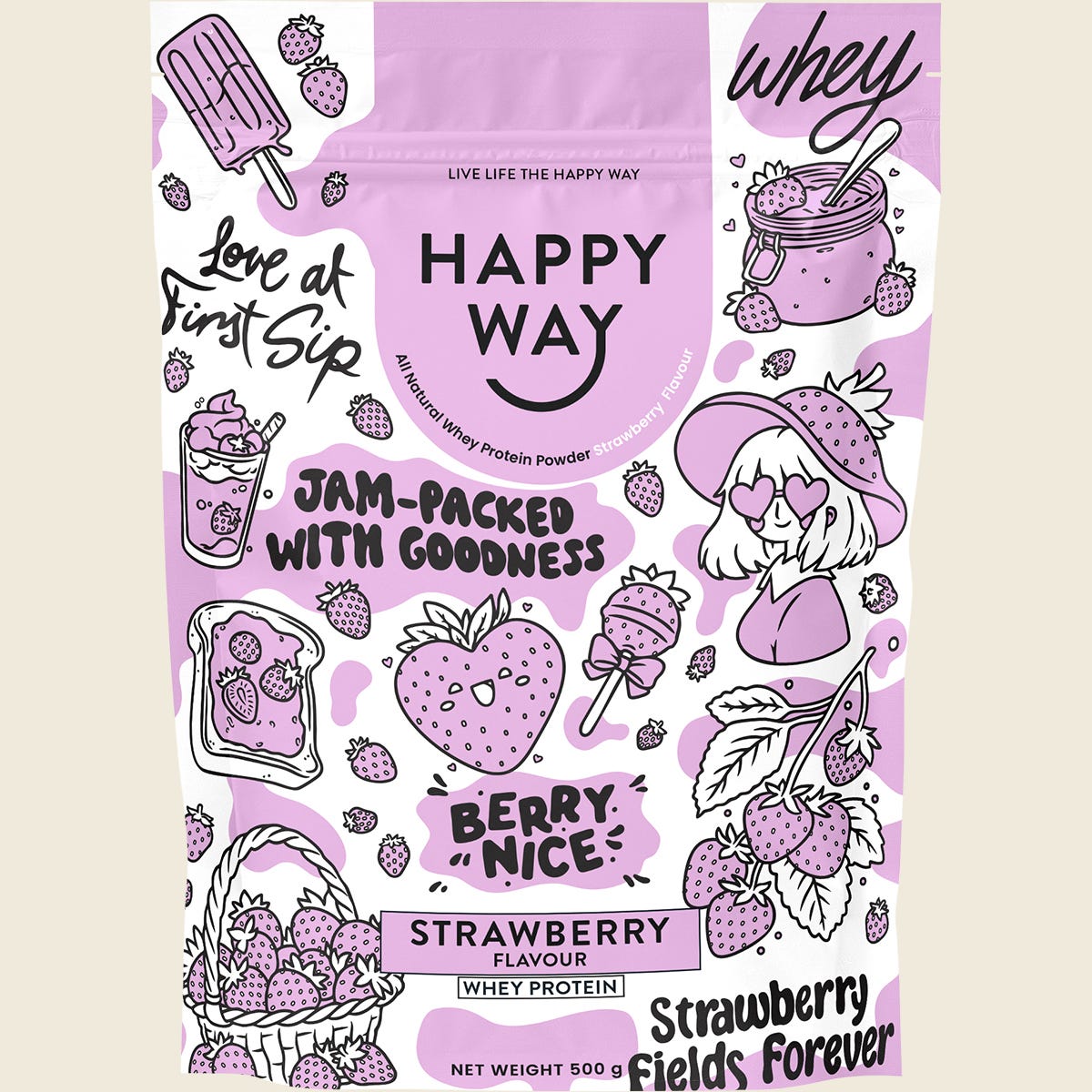 500g pouch of Happy Way Strawberry Whey Protein Powder with pink branding and a scoop of powder shown.