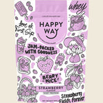 500g pouch of Happy Way Strawberry Whey Protein Powder with pink branding and a scoop of powder shown.
