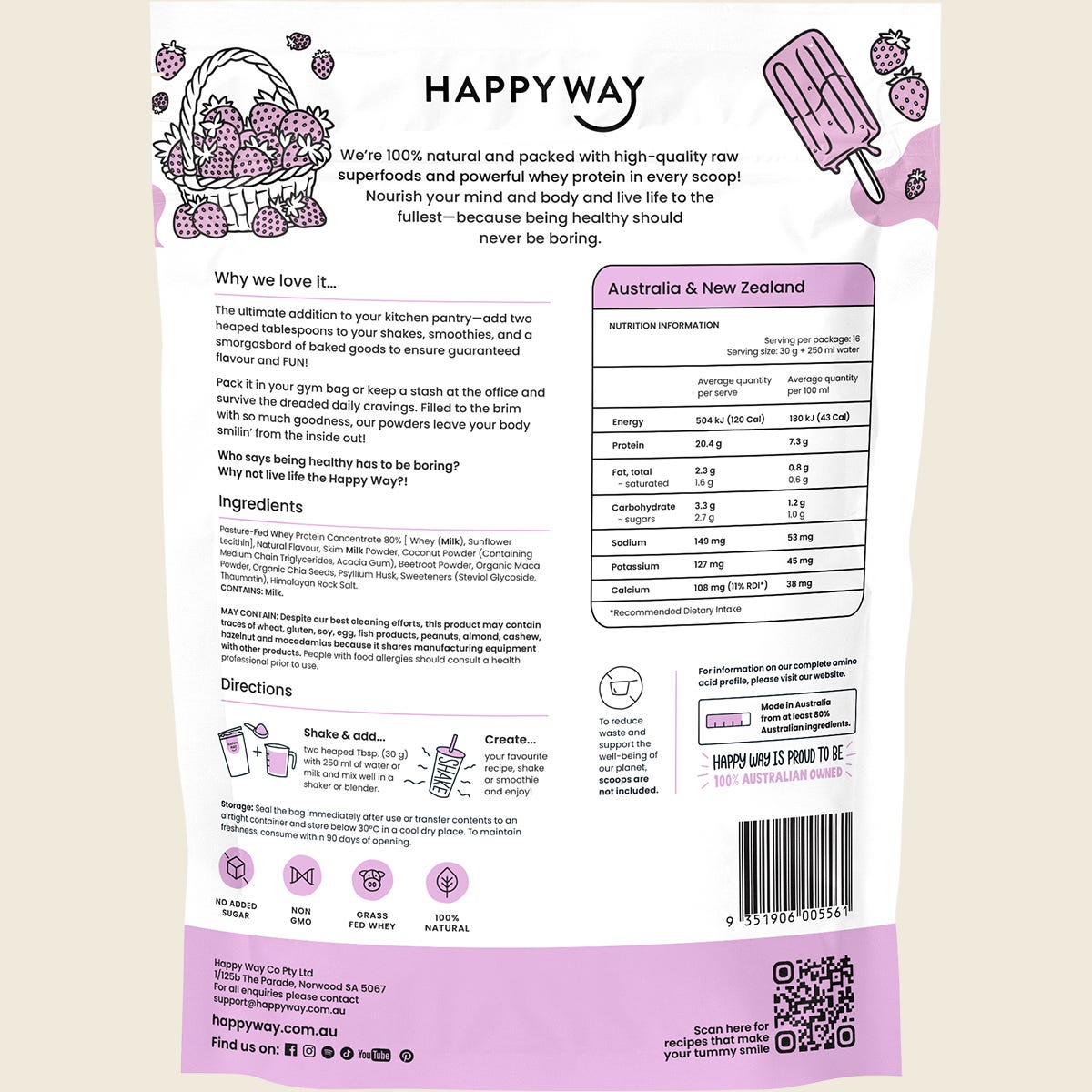Happy Way Whey Protein Powder Strawberry 500g