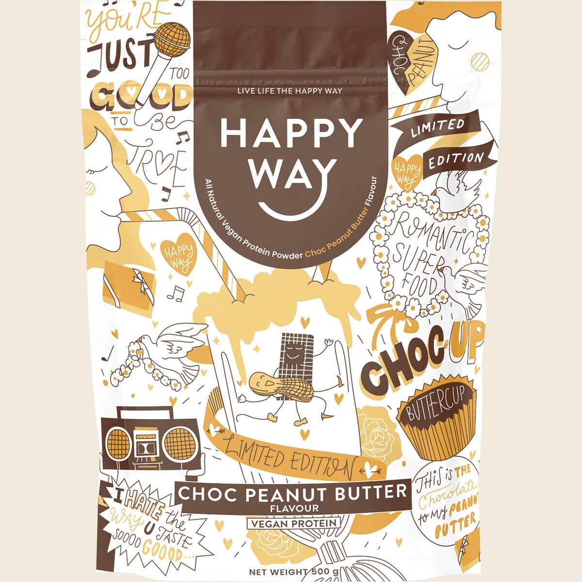 500g tub of Happy Way Choc Peanut Butter Vegan Protein Powder featuring a yellow label with a chocolate splash.