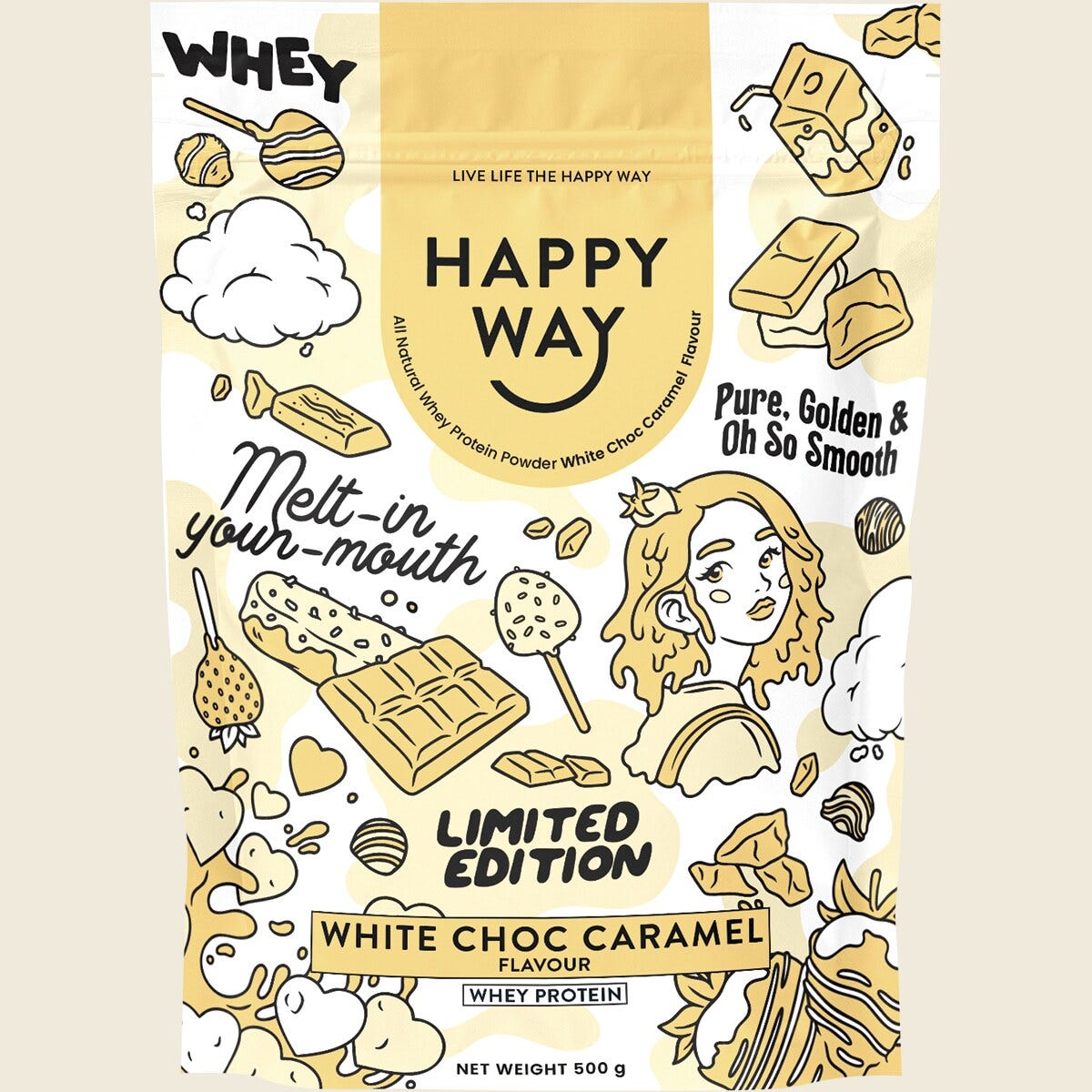 Happy Way White Choc Caramel Whey Protein Powder 500g pouch with white chocolate and caramel graphics.
