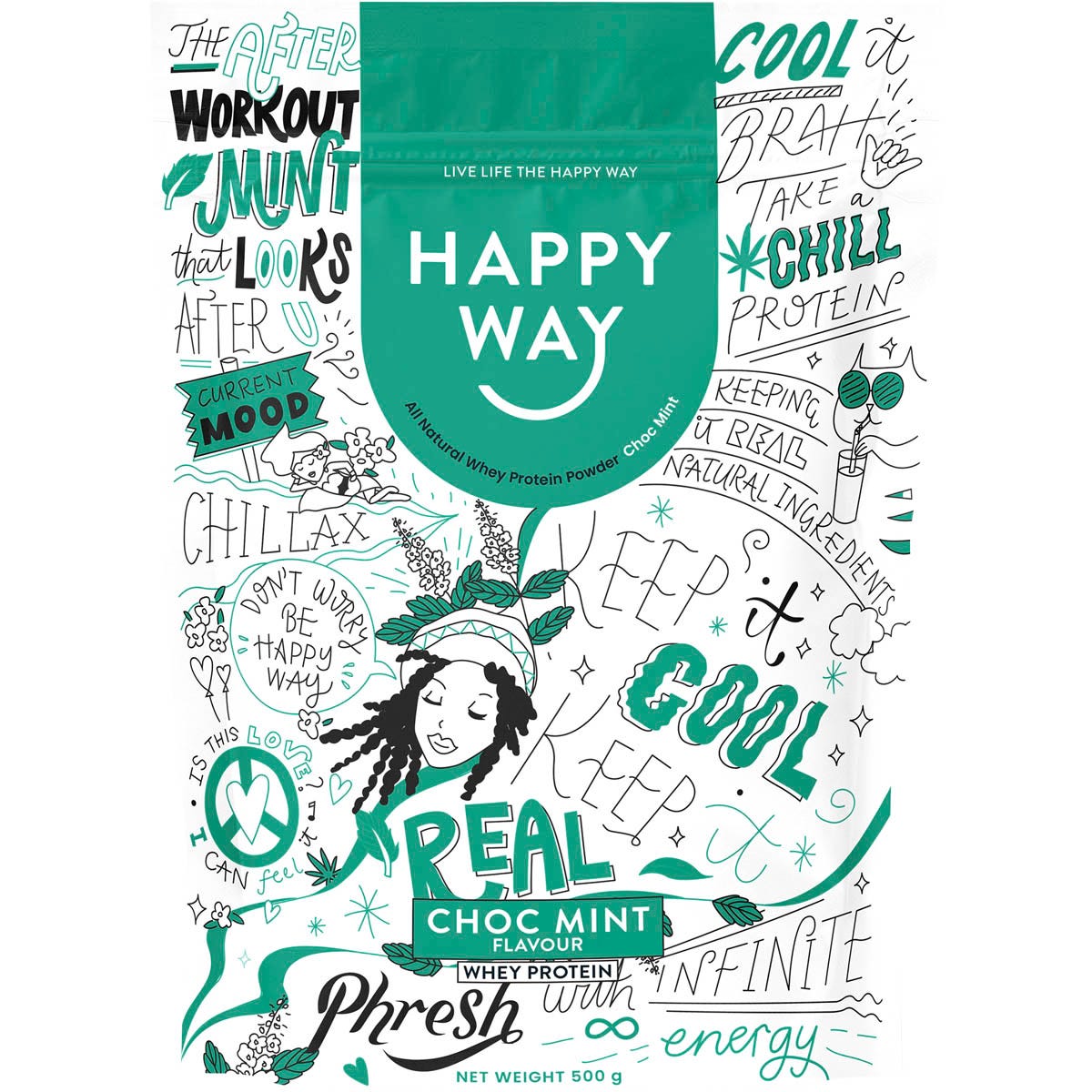 500g bag of Happy Way Choc Mint Whey Protein Powder featuring a chocolate and mint illustration on a white background.
